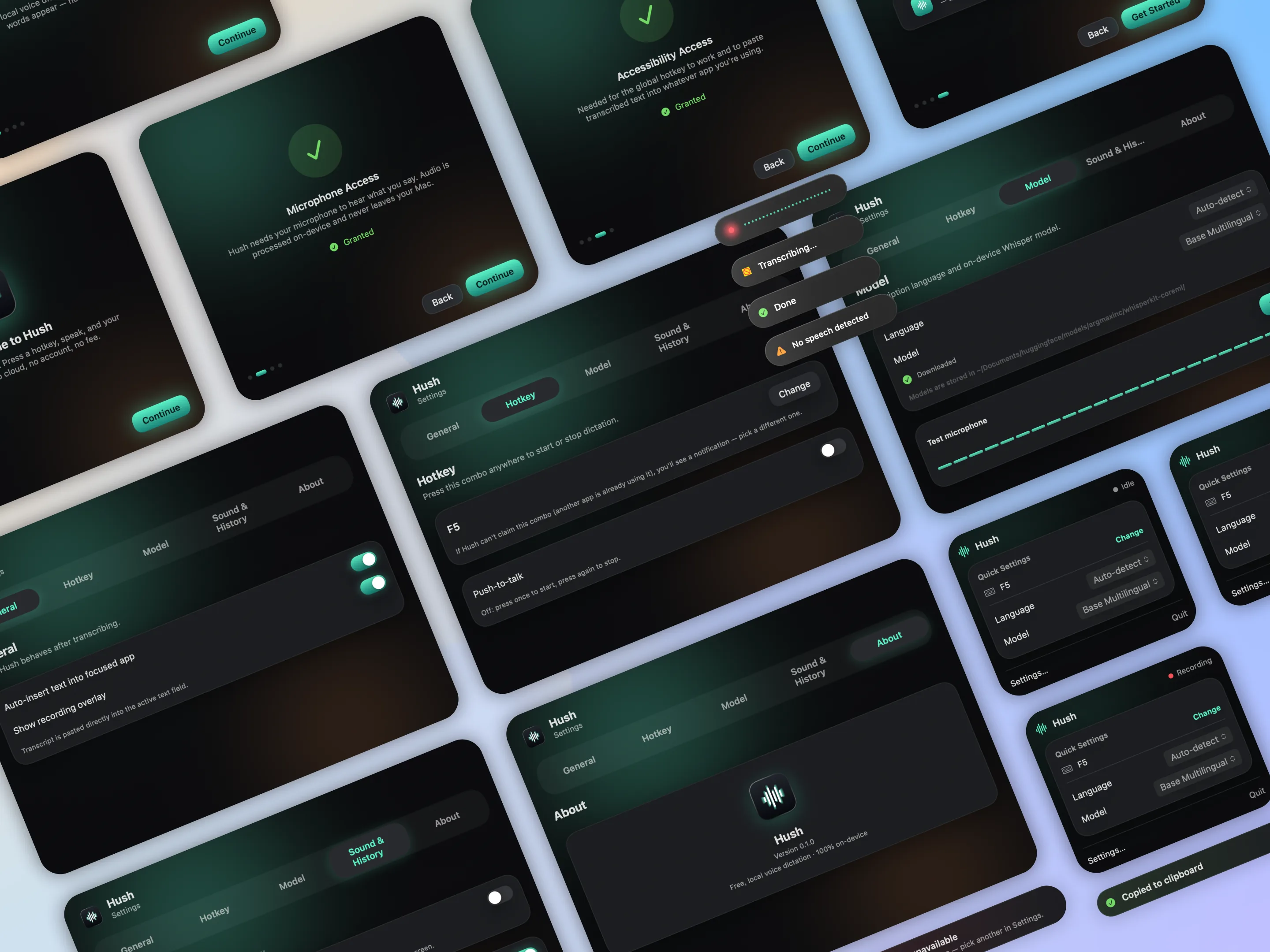 Hush — onboarding, settings, hotkey, model, and menu bar UI screens