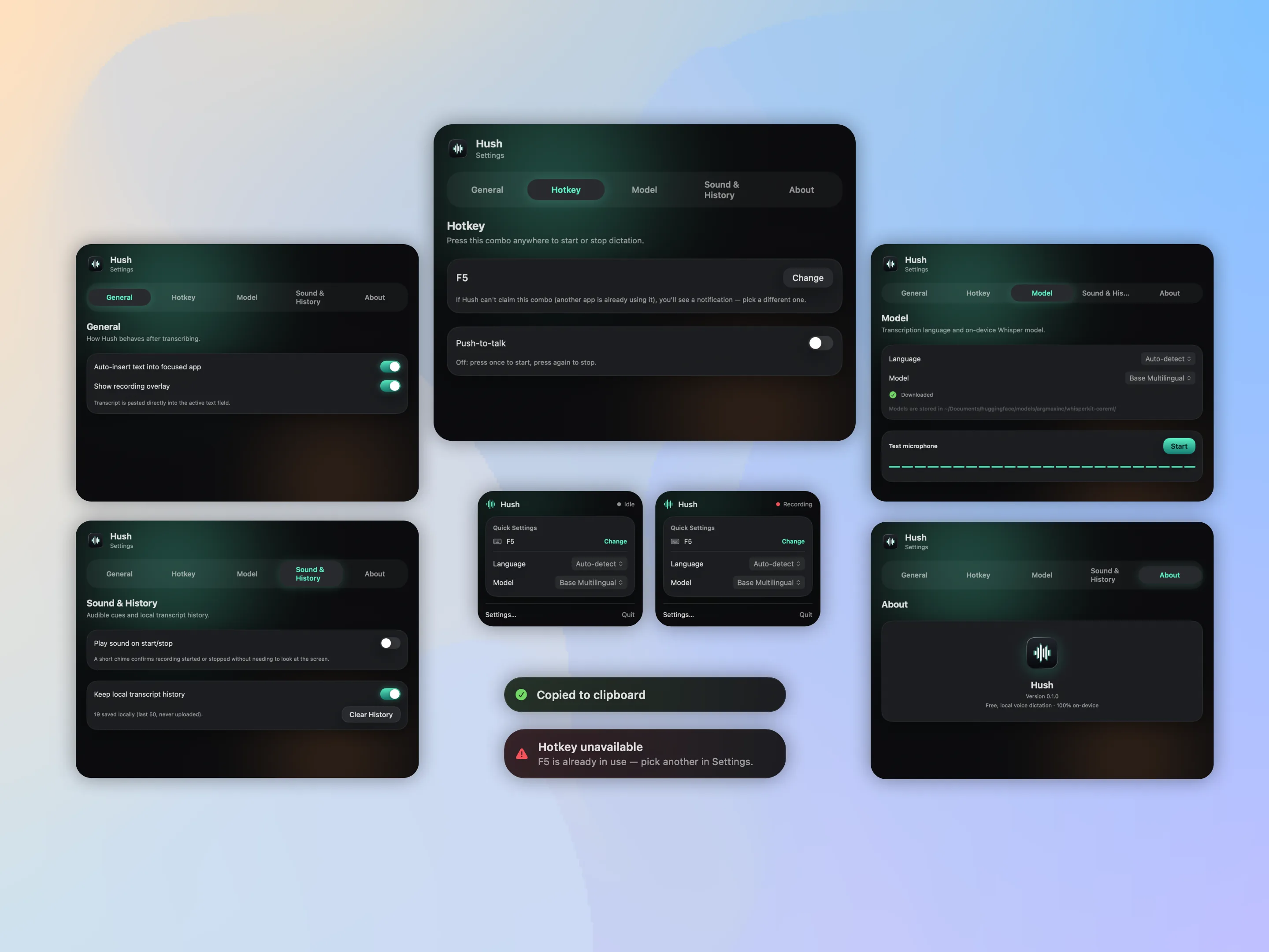 Hush — settings tabs, menu-bar panel, and toast states sharing one design system